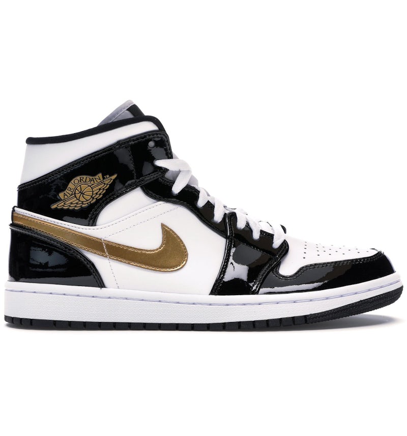 Jordan 1 Mid Patent Black White Gold